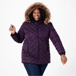 Nuage Stretch Mixed Quilted Puffer Coat w/ Removable Faux Fur Hood A382143 1X